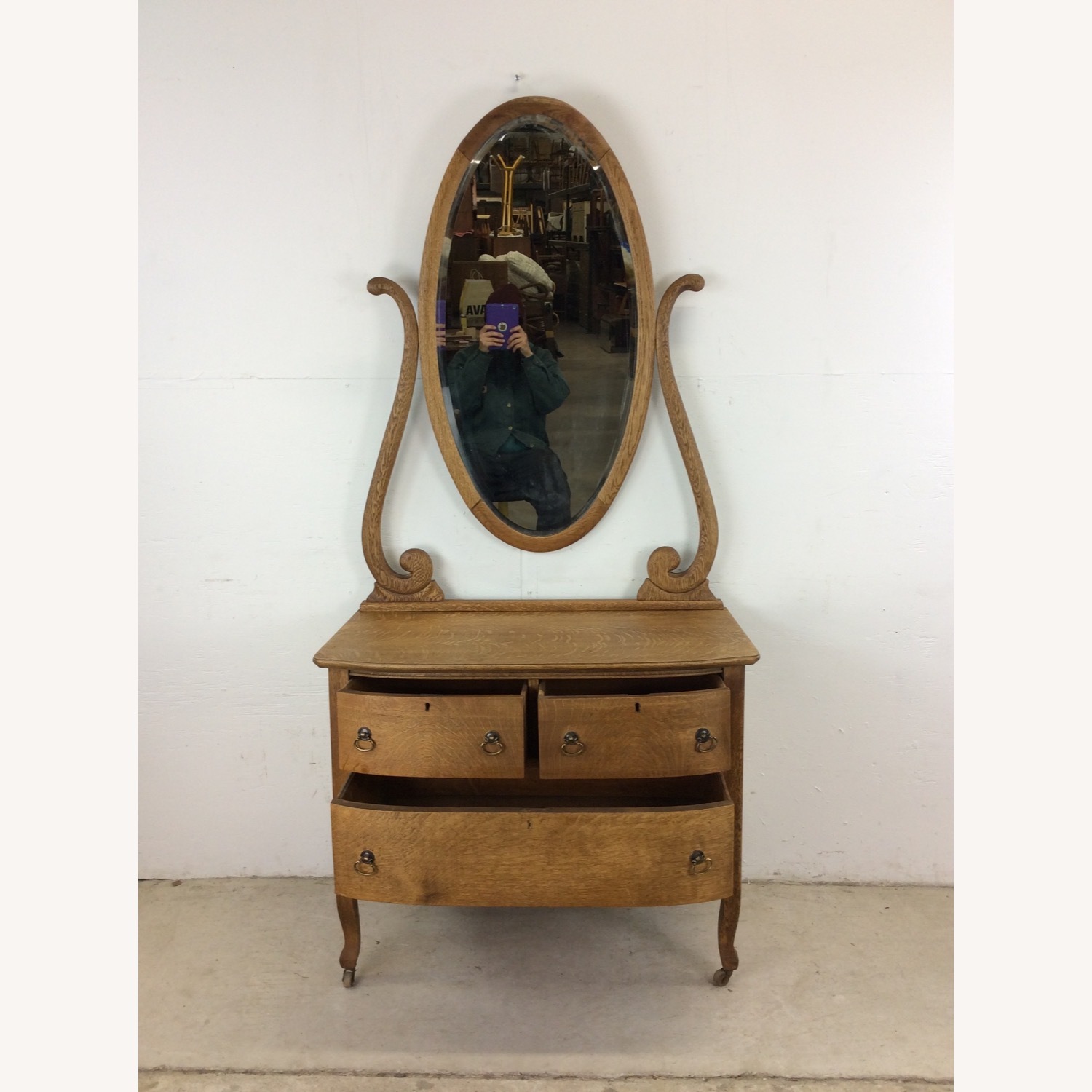 Antique Oak 3 Drawer Dresser with Oval Mirror - image-17