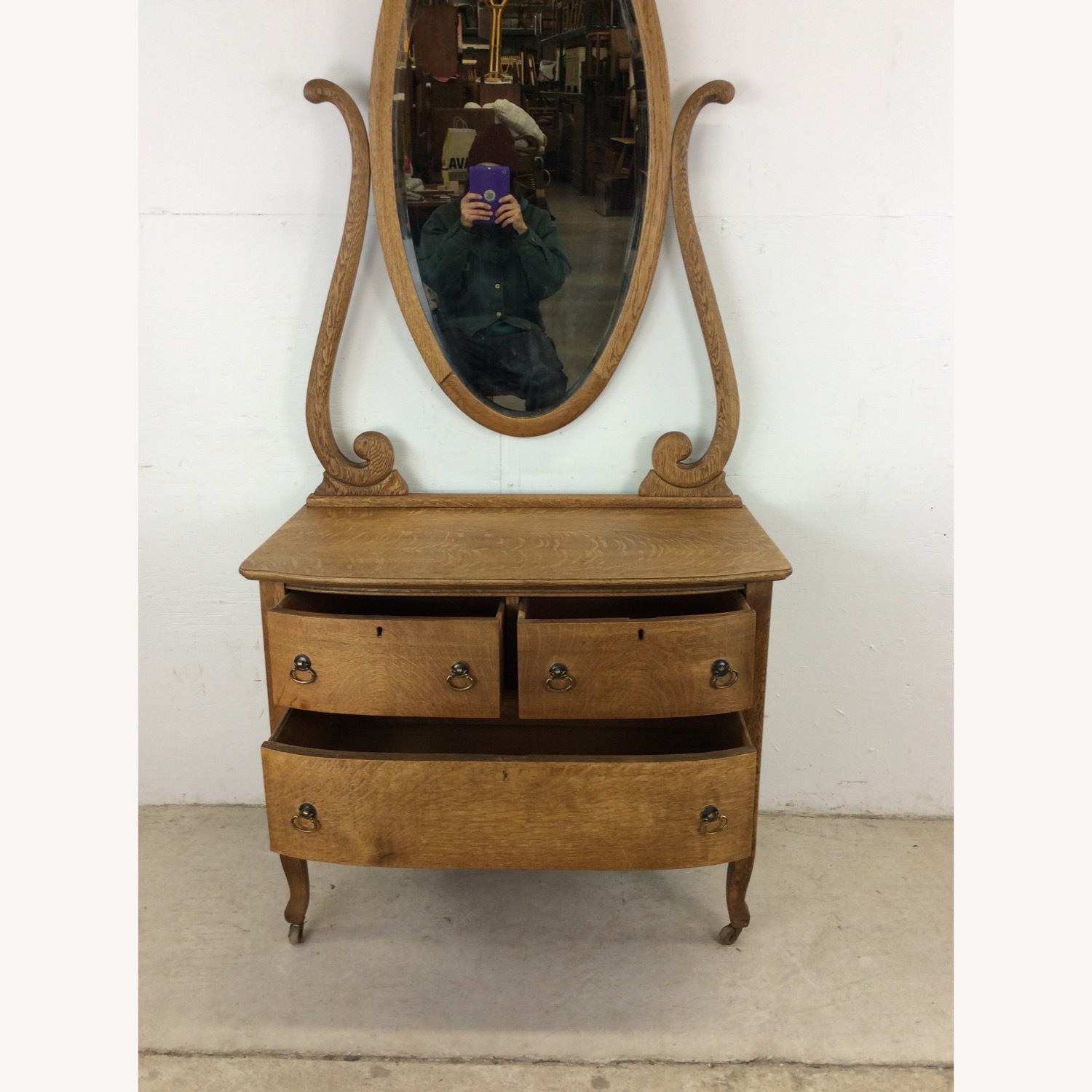 Antique Oak 3 Drawer Dresser with Oval Mirror - image-16