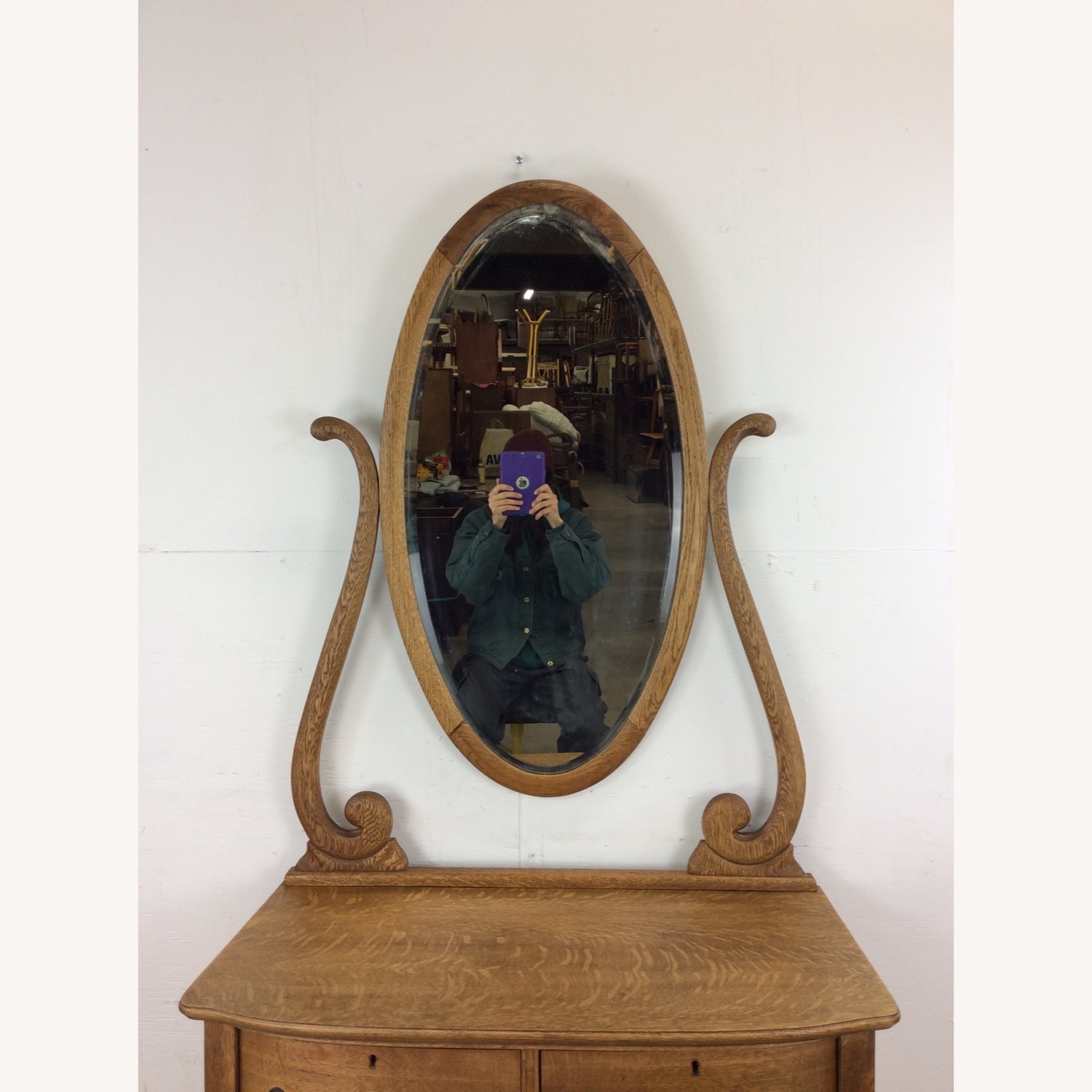 Antique Oak 3 Drawer Dresser with Oval Mirror - image-4