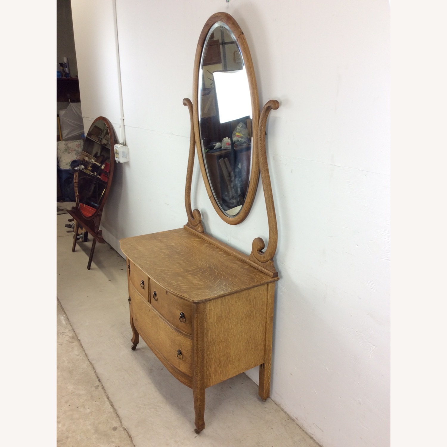 Antique Oak 3 Drawer Dresser with Oval Mirror - image-7
