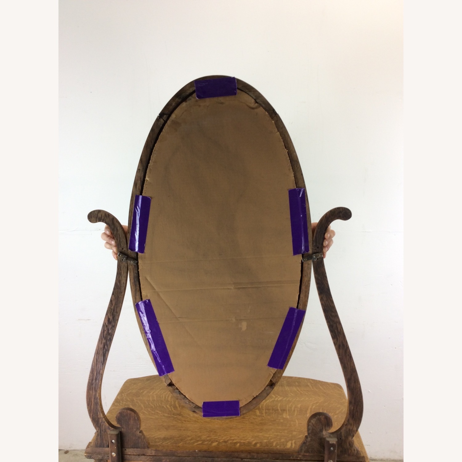 Antique Oak 3 Drawer Dresser with Oval Mirror - image-23