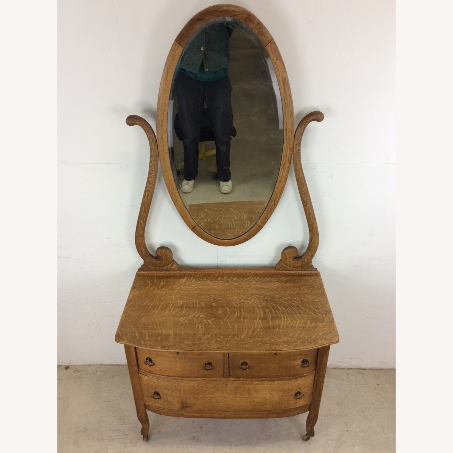 Antique Oak 3 Drawer Dresser with Oval Mirror - image-5