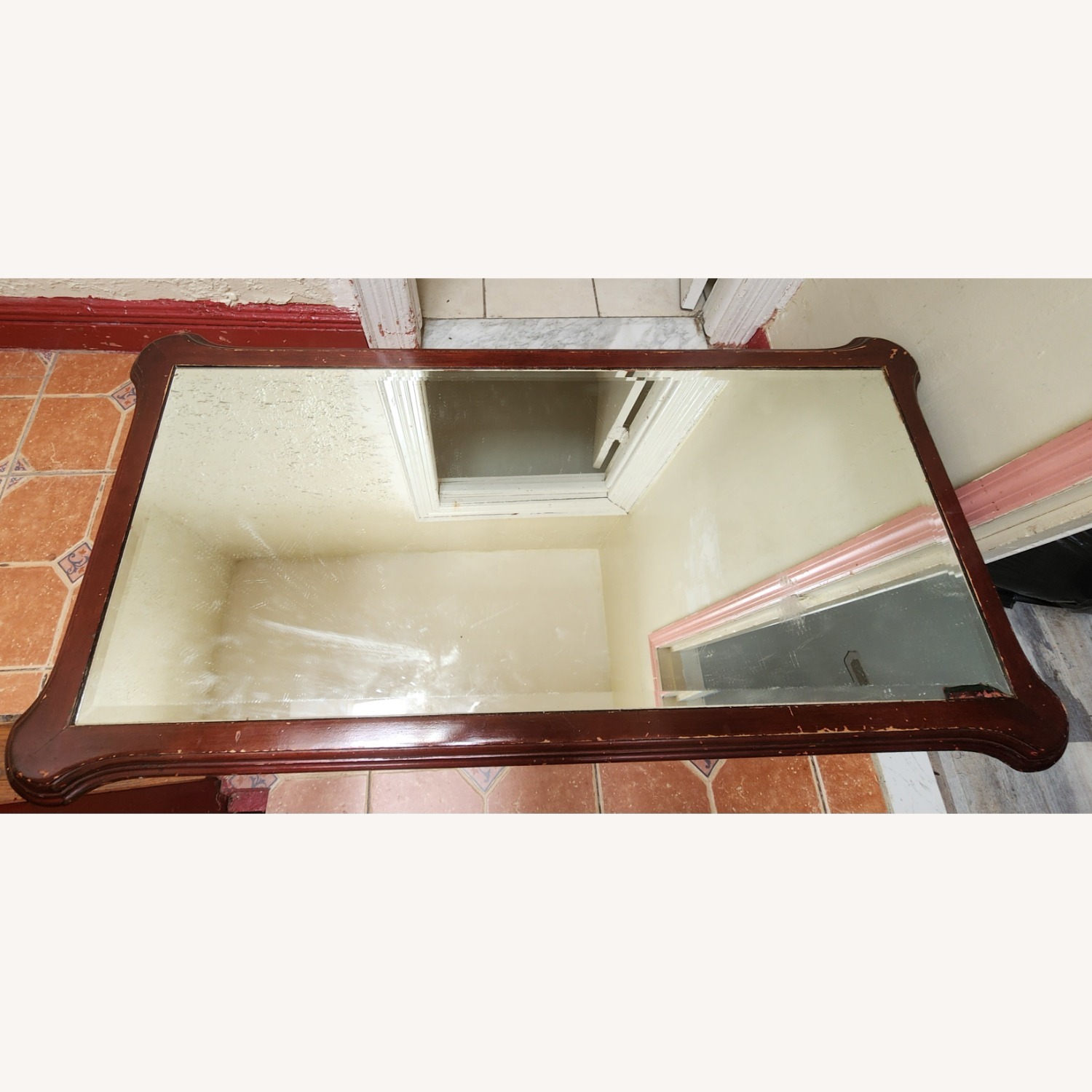 Vintage Dark Red Mahogany Mirror Top Coffee Table - image-1