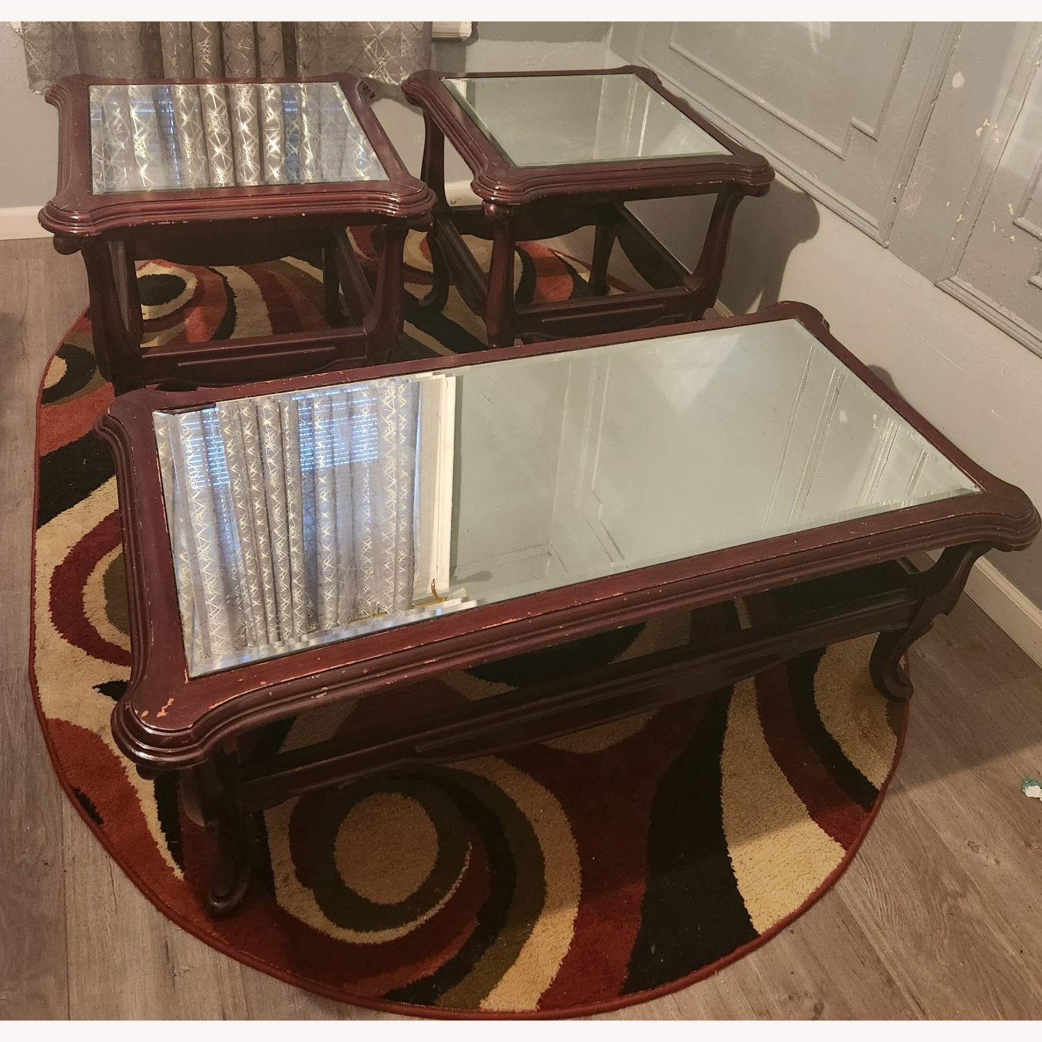 Vintage Dark Red Mahogany Mirror Top Coffee Table - image-17