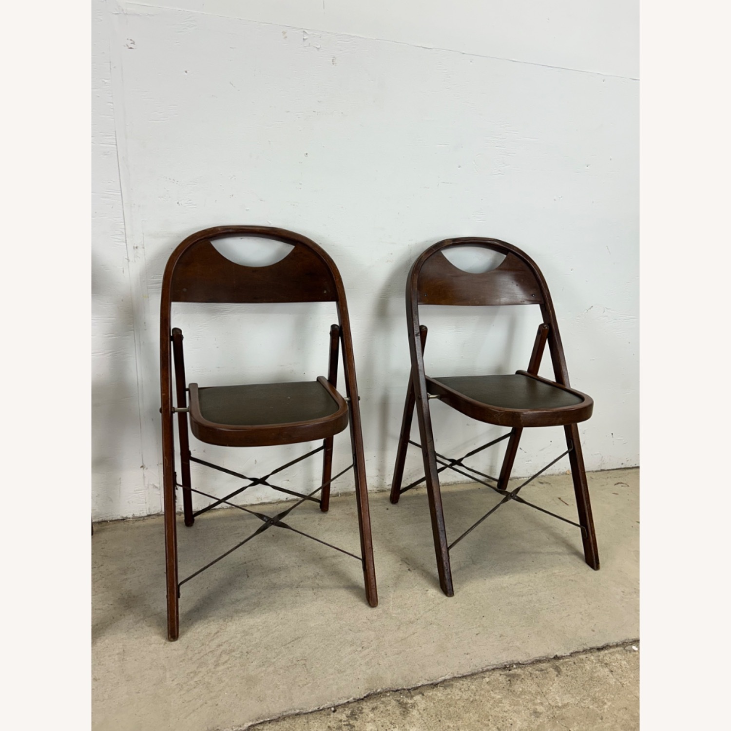 Set of 4 Antique Folding Chairs with Vinyl Seats - image-3