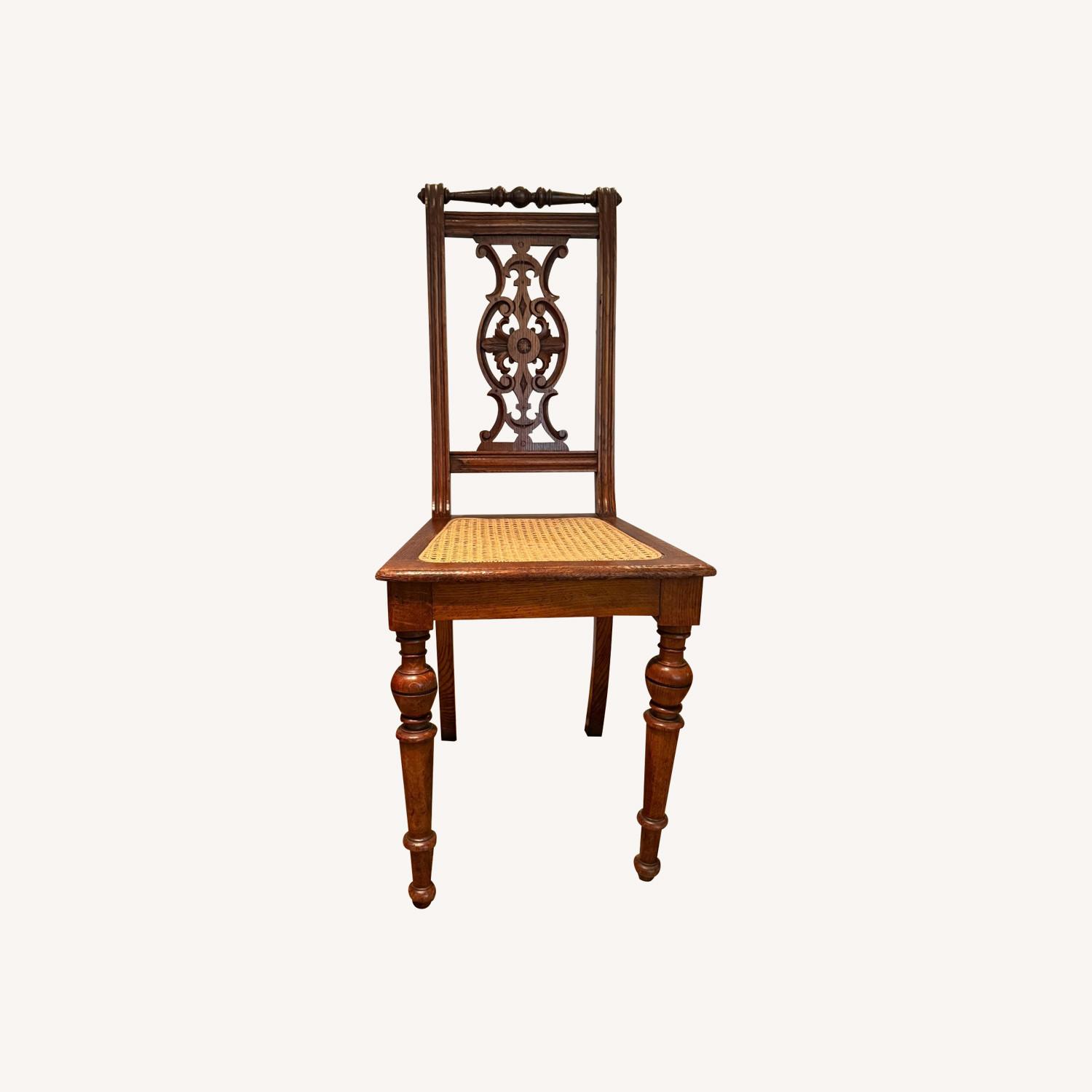 5 Vintage Carved Wood Chairs w Cane Seats - image-0