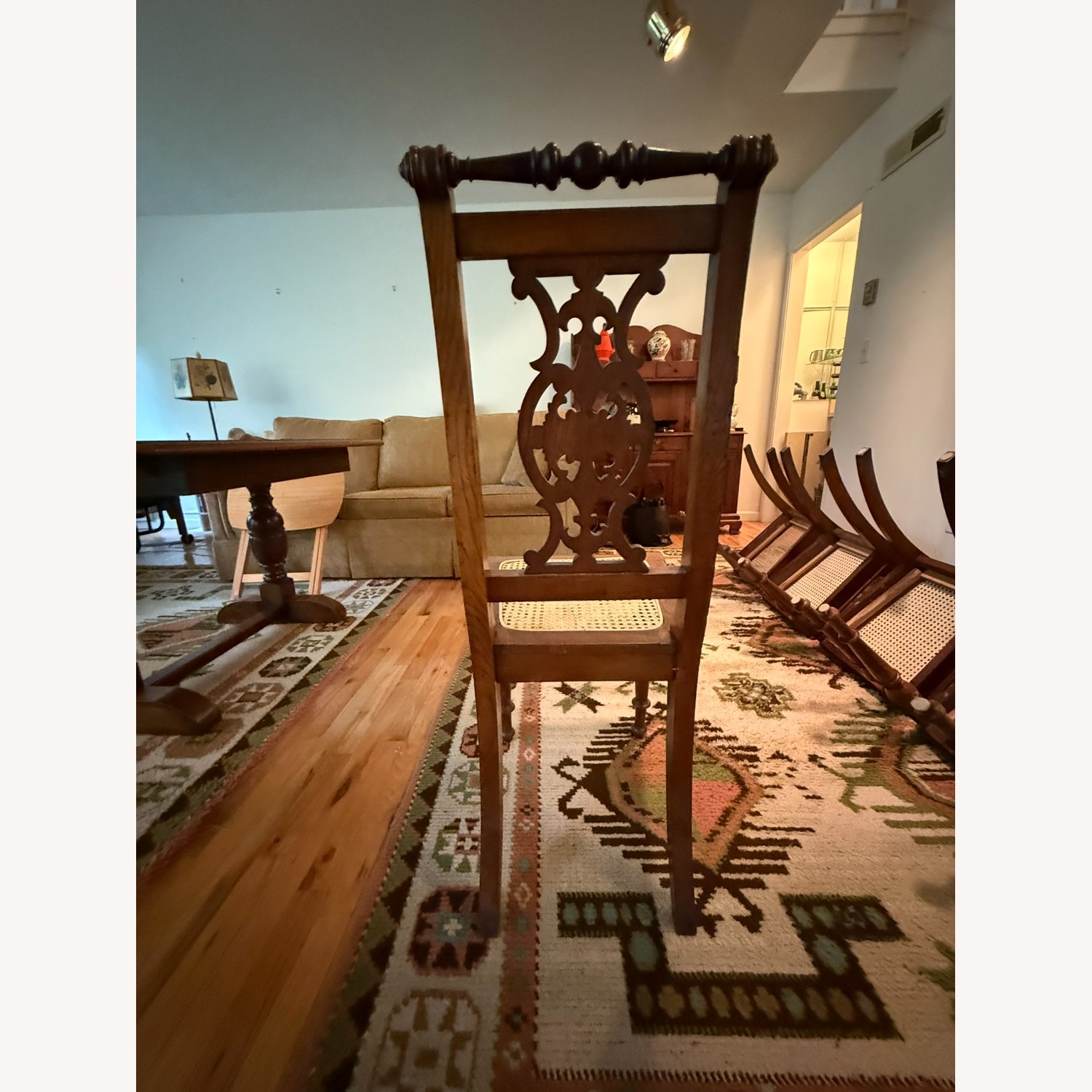 5 Vintage Carved Wood Chairs w Cane Seats - image-3