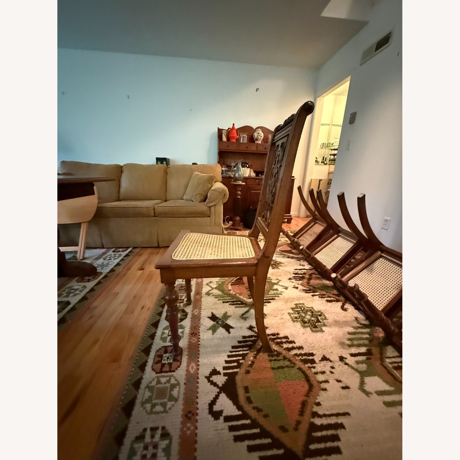 5 Vintage Carved Wood Chairs w Cane Seats - image-4