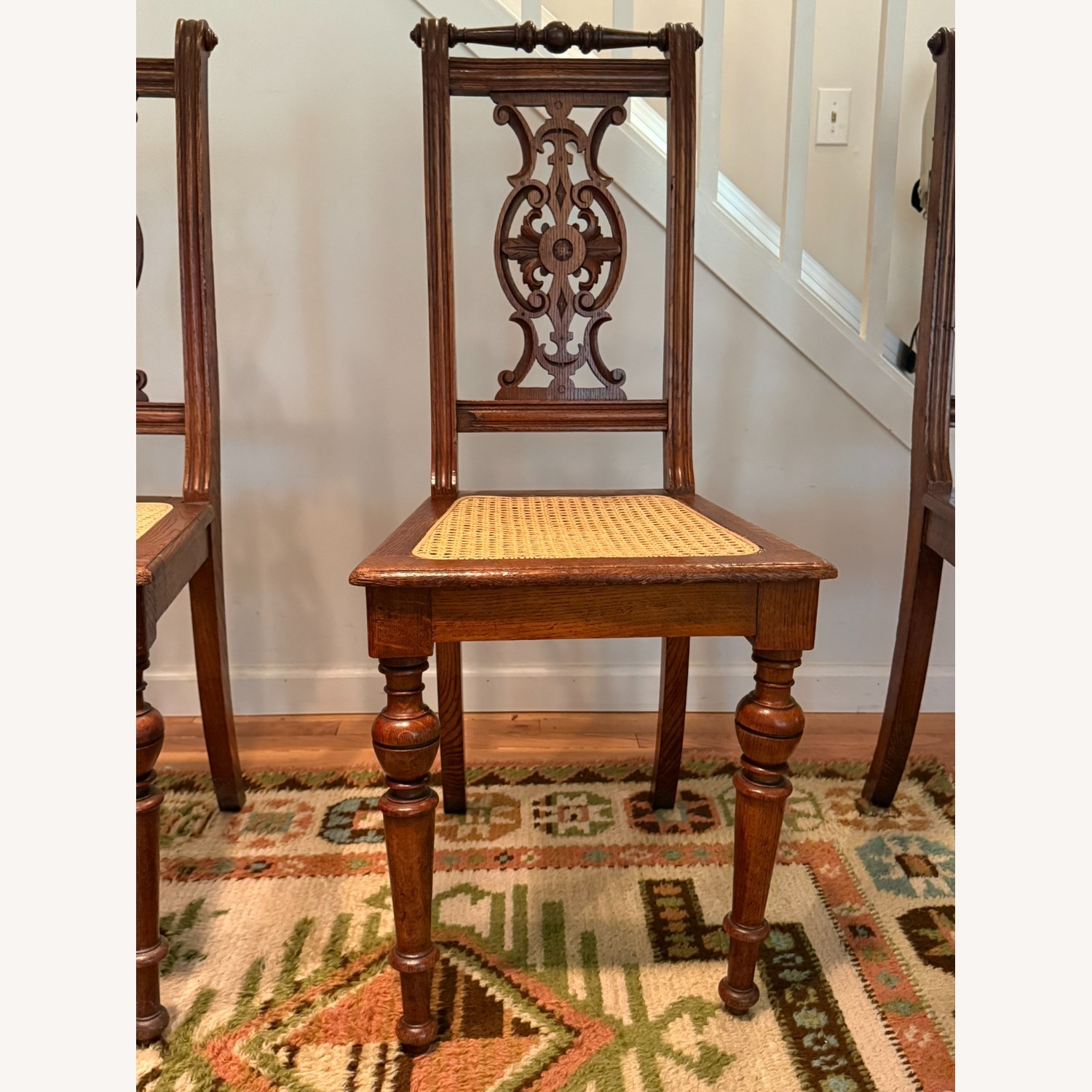5 Vintage Carved Wood Chairs w Cane Seats - image-2