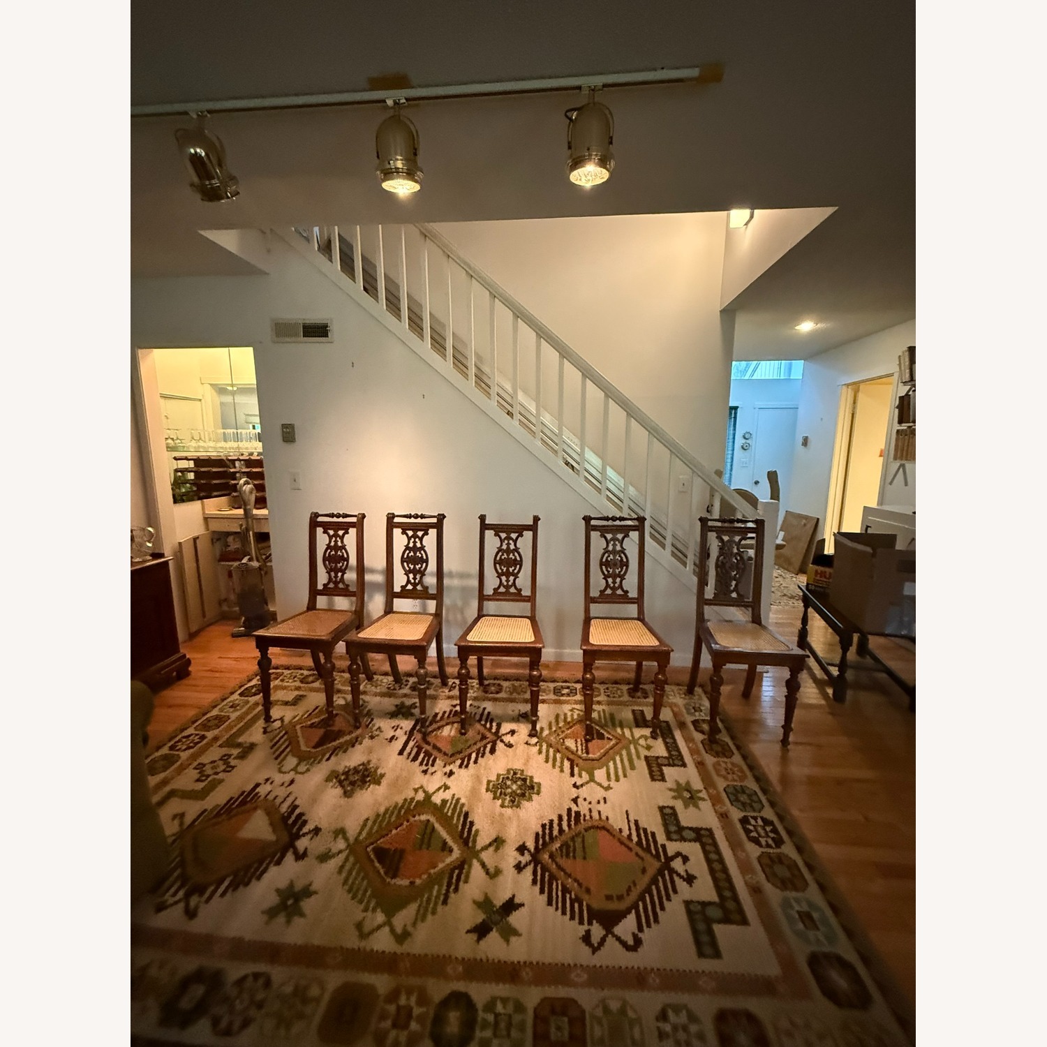 5 Vintage Carved Wood Chairs w Cane Seats - image-1