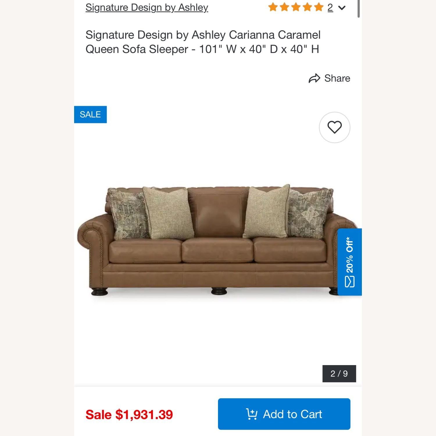 Ashley Carianna Caramel Sleeper Couch - image-1