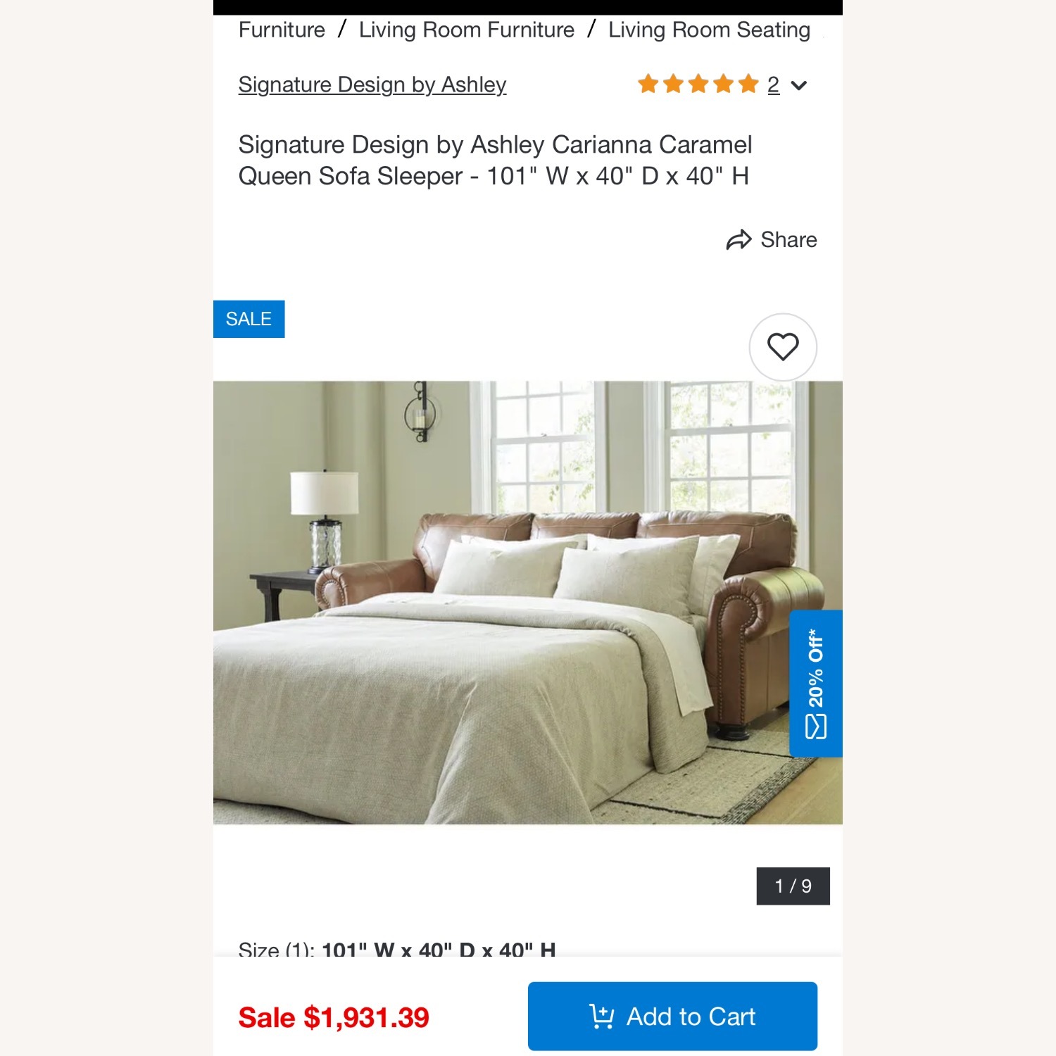 Ashley Carianna Caramel Sleeper Couch - image-2