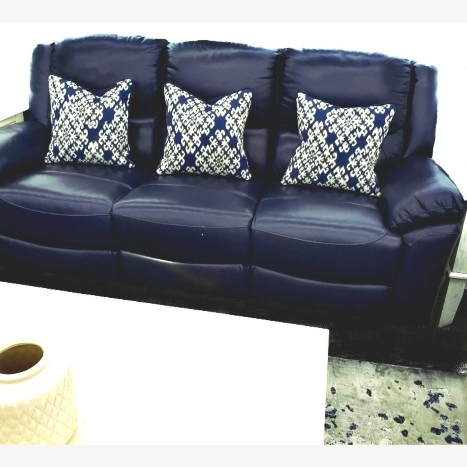 Dark Blue Genuine Leather Power Recline Sofa - image-1