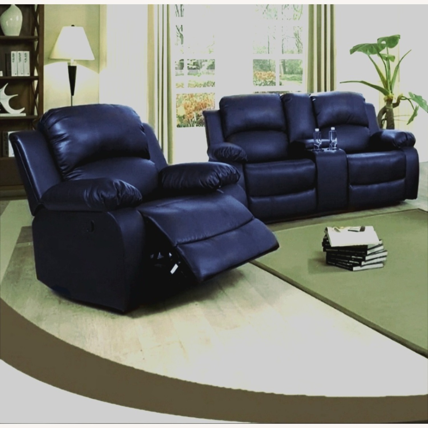 Dark Blue Genuine Leather Power Recline Sofa - image-2