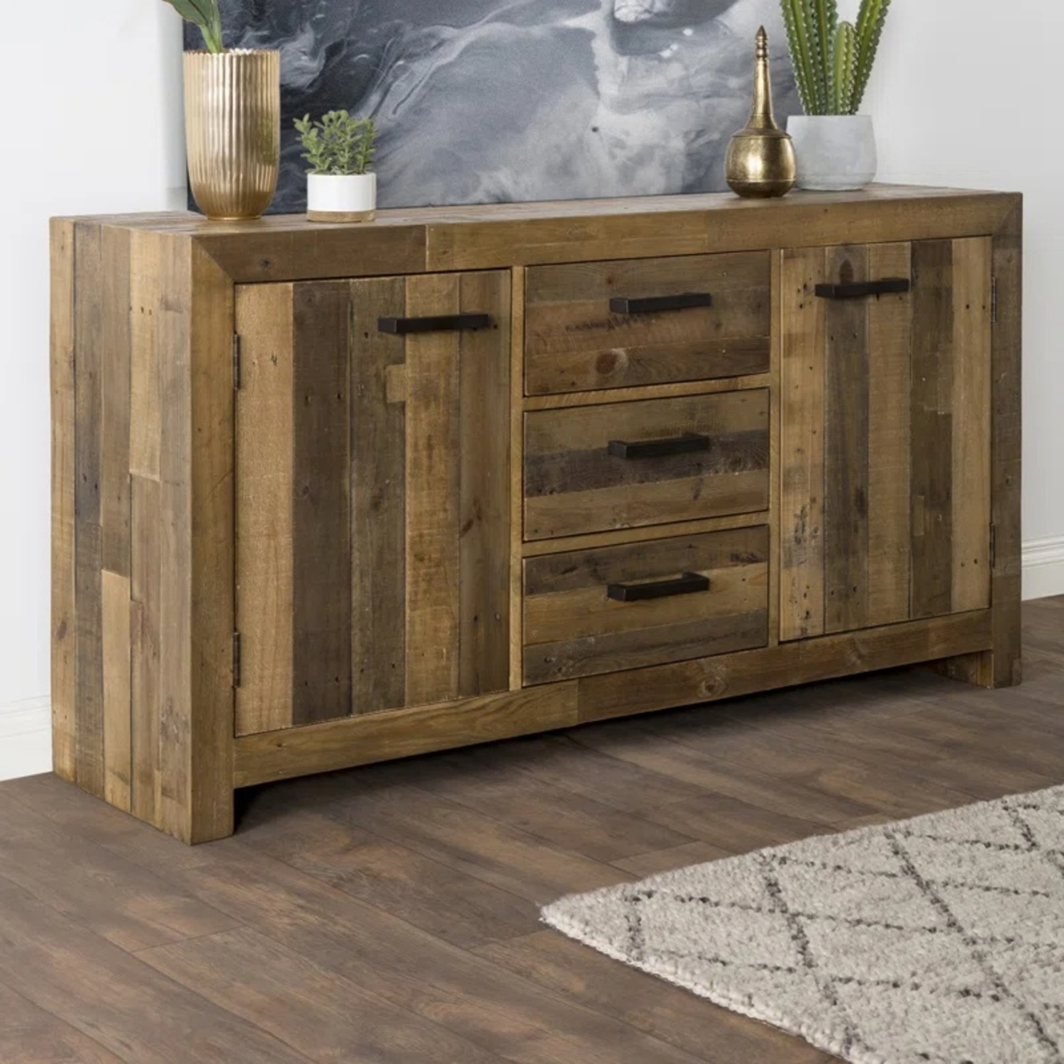 63" Wide 3 Drawer Pine Wood Sideboard - image-6