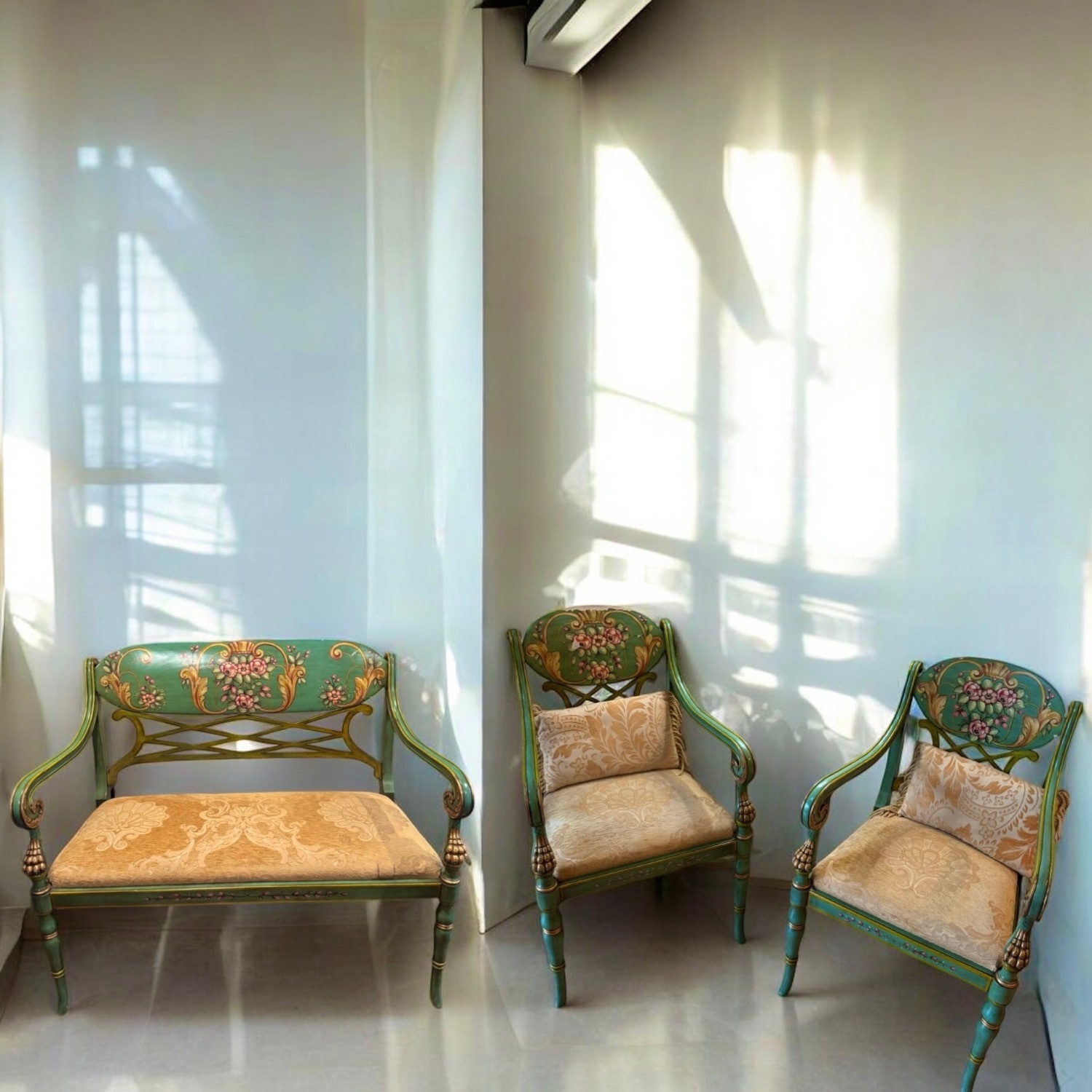19th C. 3p Italian Regency Settee Armchairs Set - image-1