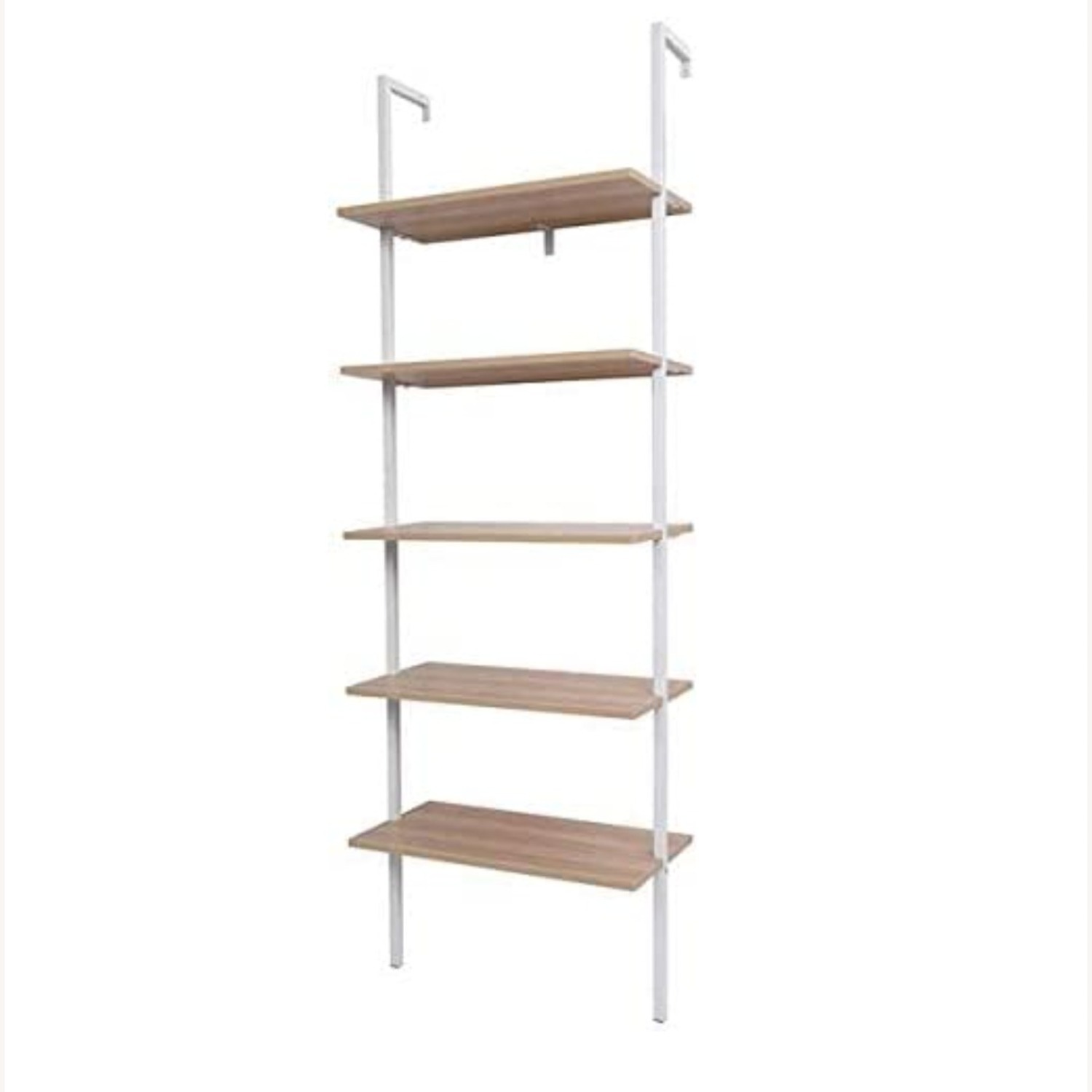 Modern Tall 5 Wood Shelves White Bookcase Ladder - image-1