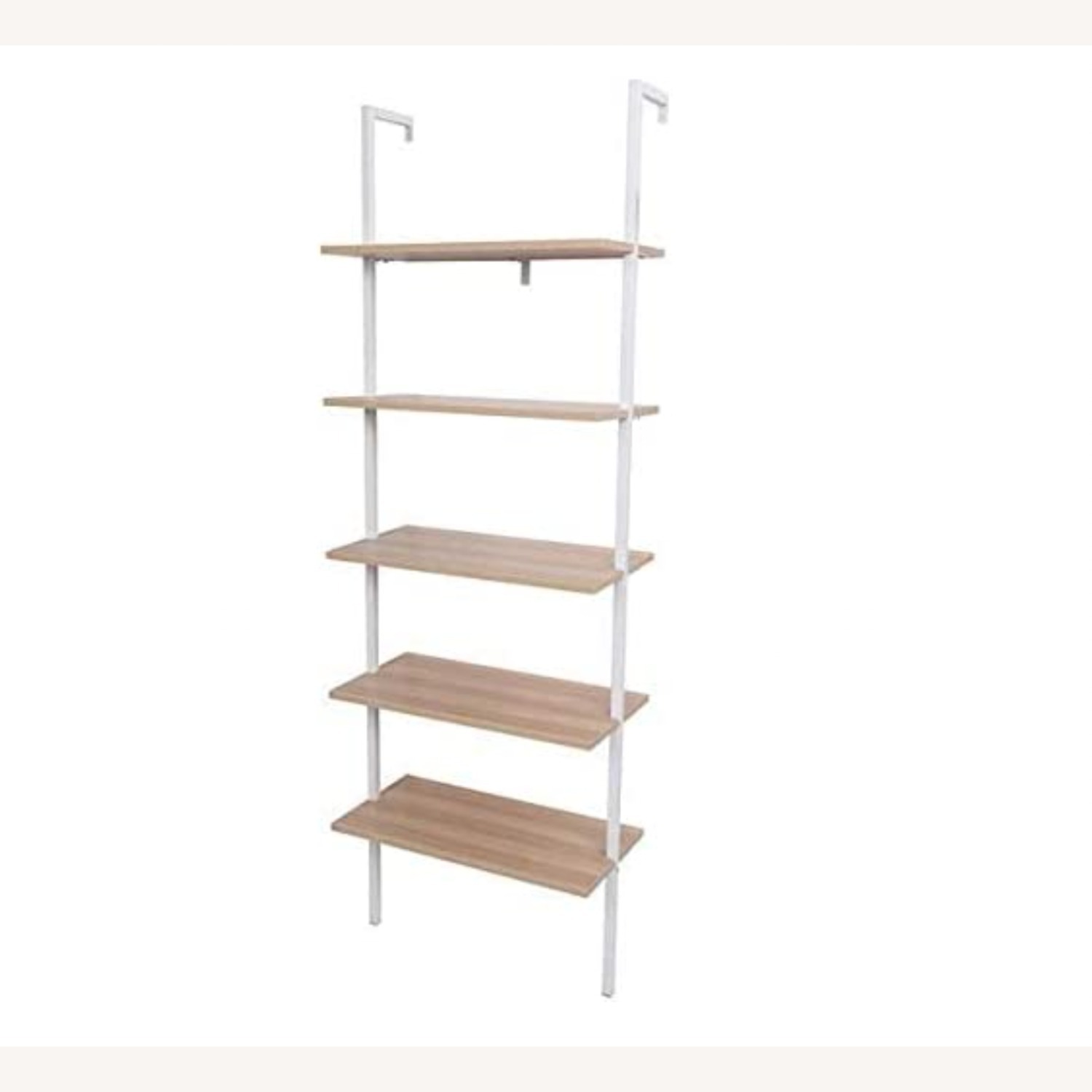 Modern Tall 5 Wood Shelves White Bookcase Ladder - image-2