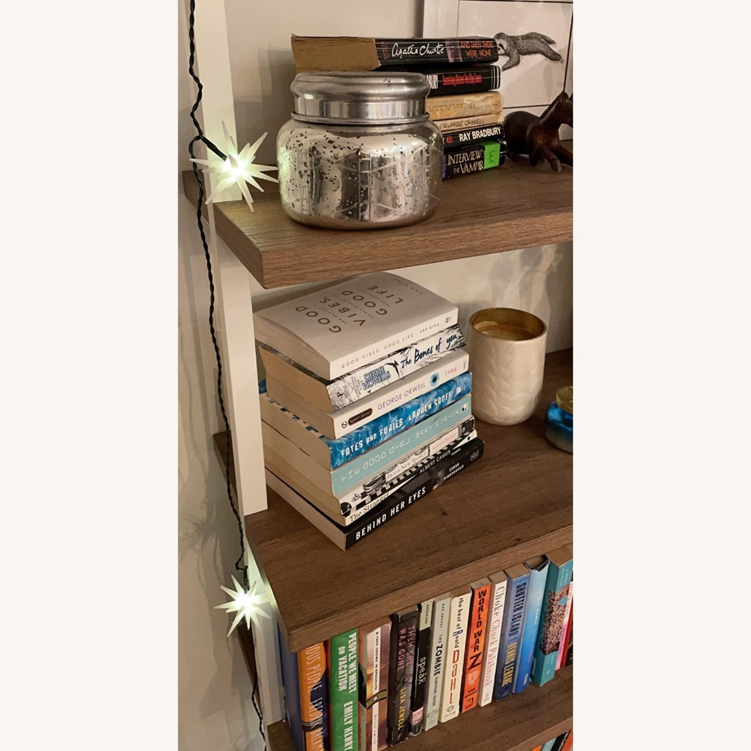 Modern Tall 5 Wood Shelves White Bookcase Ladder - image-4