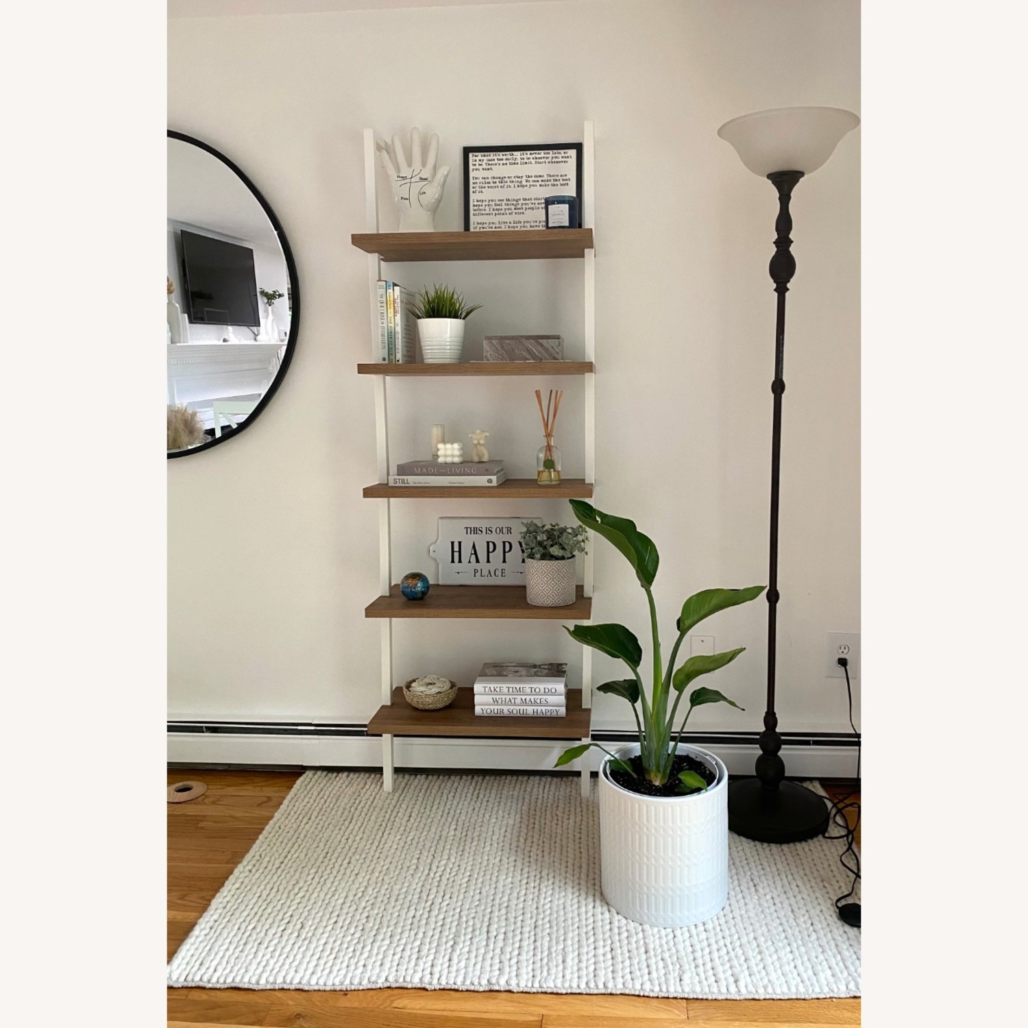 Modern Tall 5 Wood Shelves White Bookcase Ladder - image-3