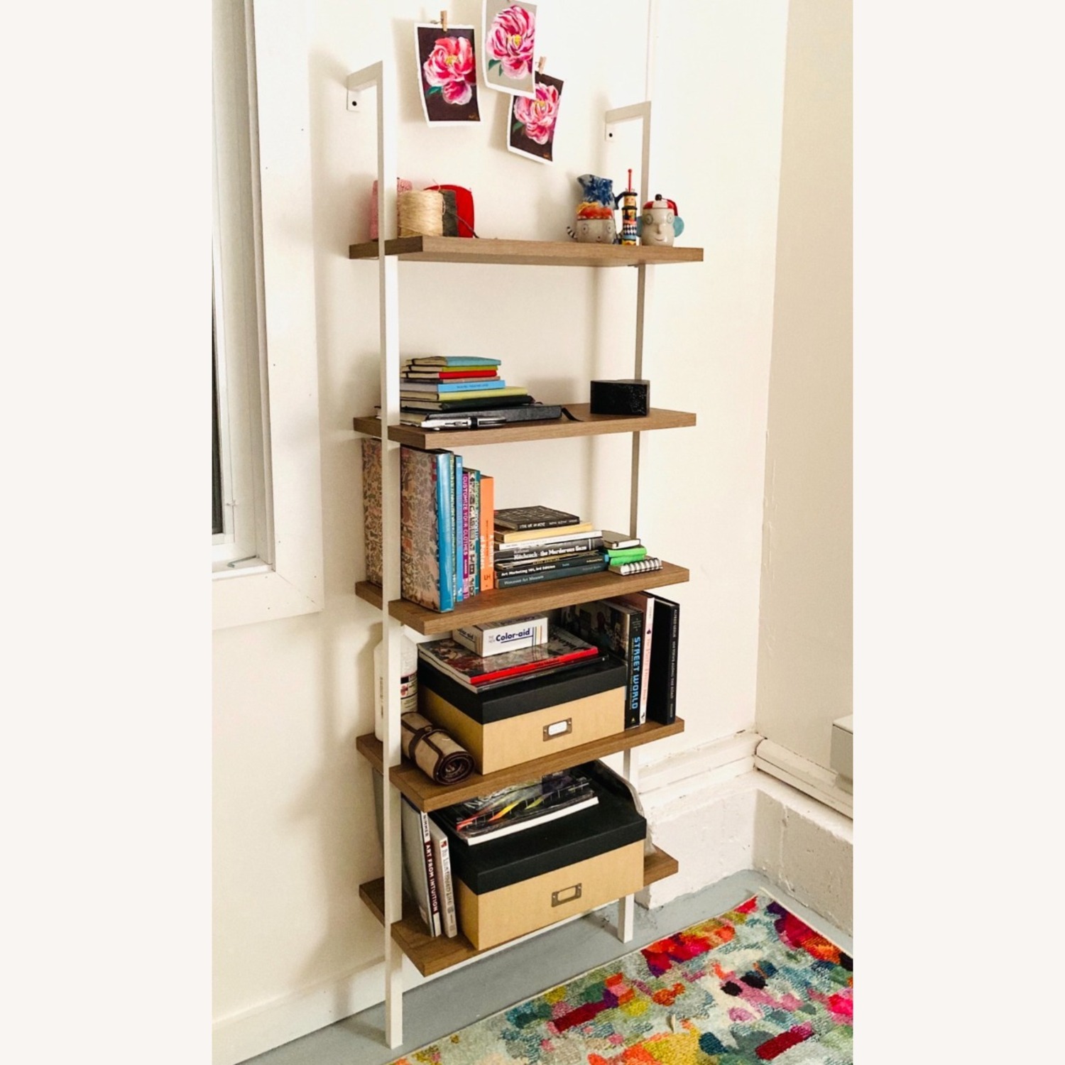 Modern Tall 5 Wood Shelves White Bookcase Ladder - image-5