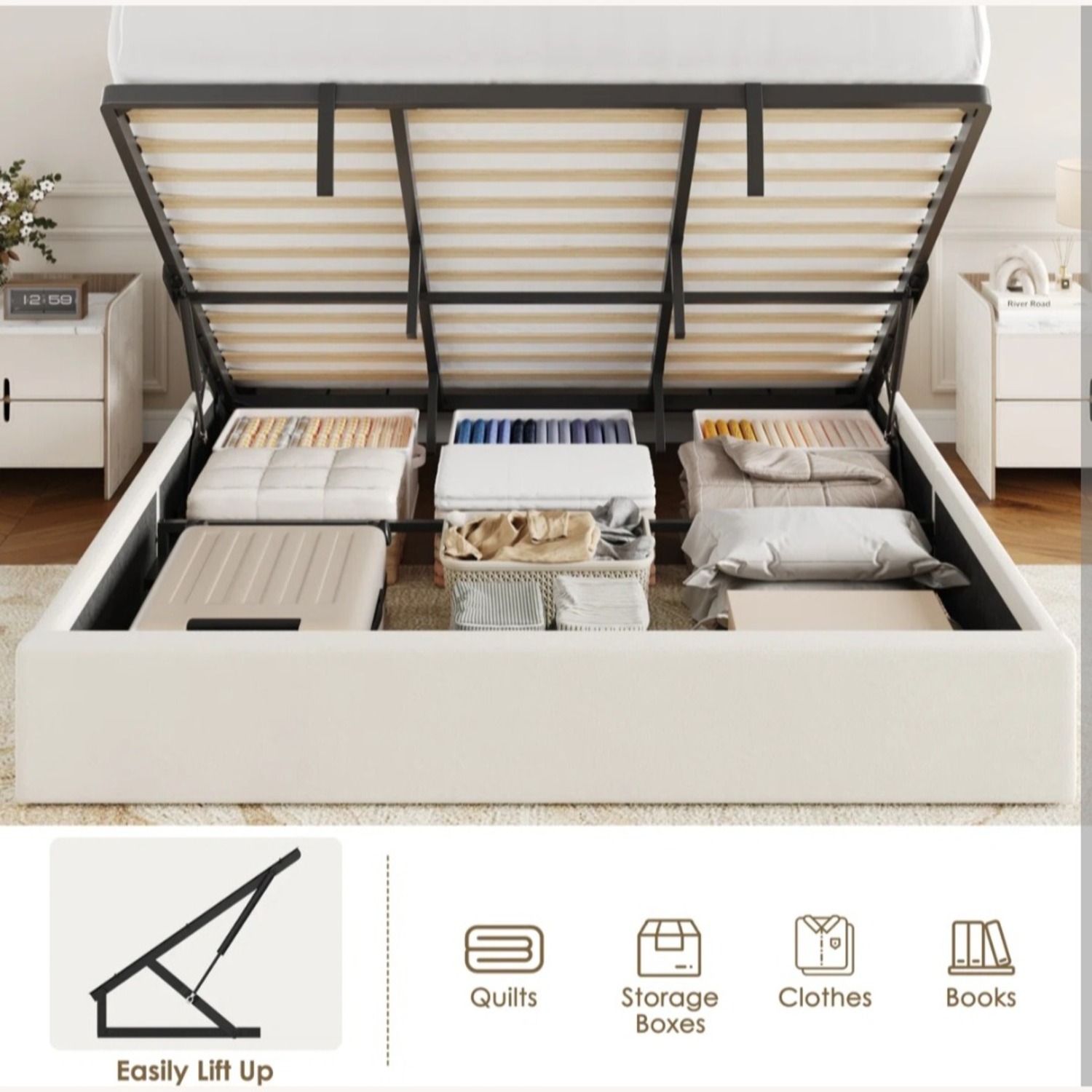 Tuffed Velvet Hydraulic Lift Storage Bed  - image-2