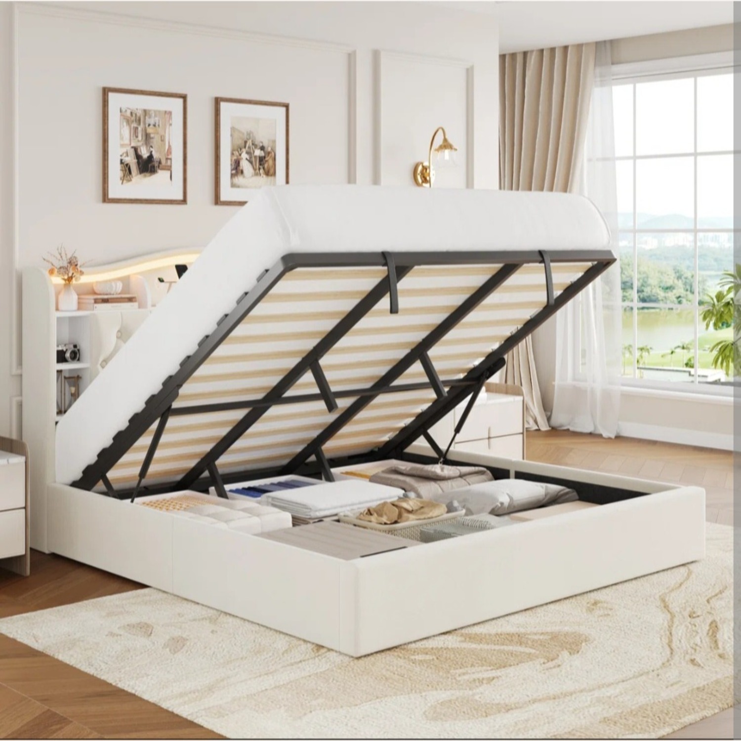 Tuffed Velvet Hydraulic Lift Storage Bed  - image-5