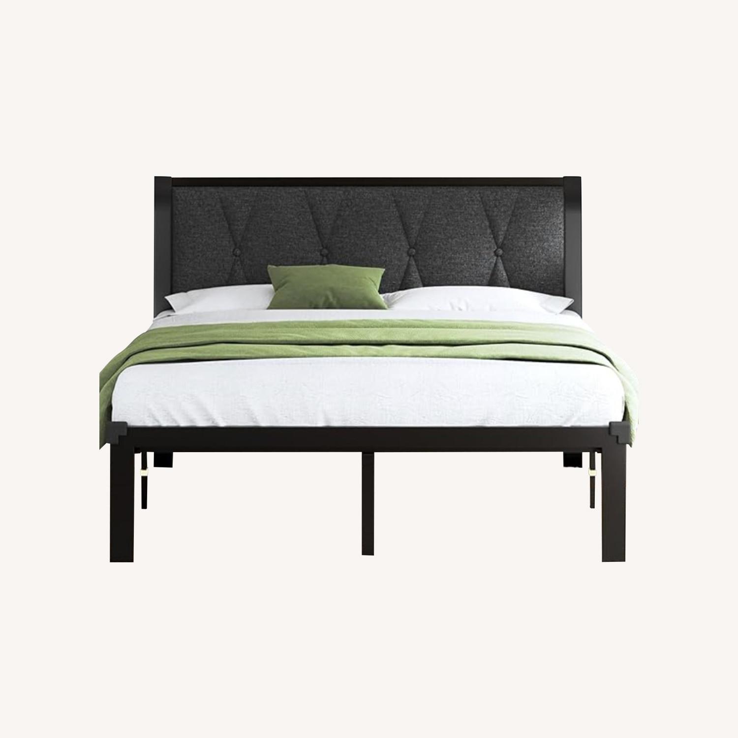 Full Size Metal Bed Frame & Grey Fabric Headboard  - image-0