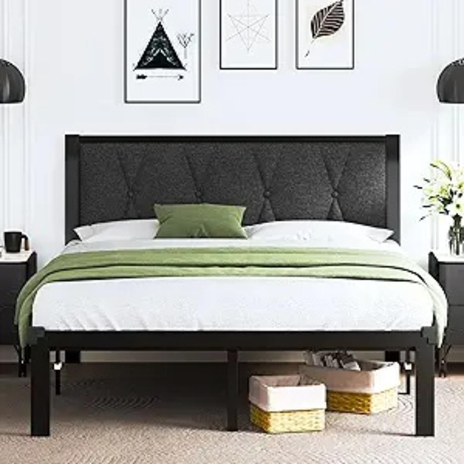 Full Size Metal Bed Frame & Grey Fabric Headboard  - image-6