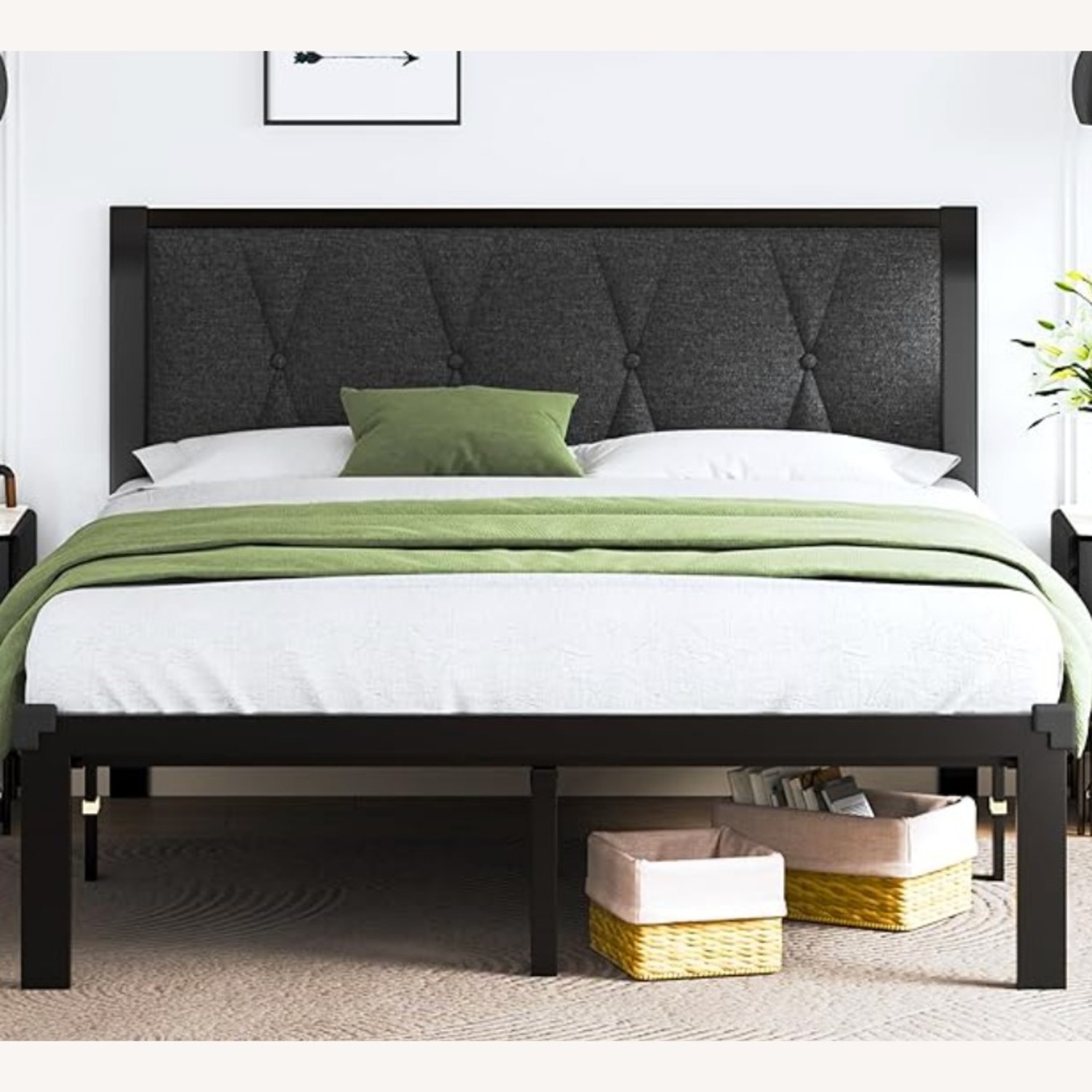 Full Size Metal Bed Frame & Grey Fabric Headboard  - image-5