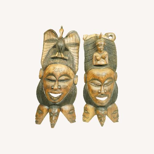 Used Set of 2 Wooden African Handcarved Tribal Masks for sale on AptDeco