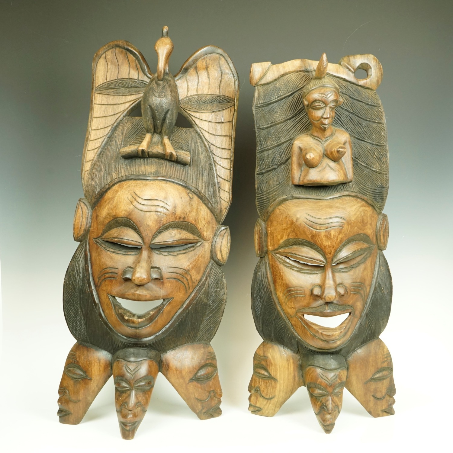 Set of 2 Wooden African Handcarved Tribal Masks - image-1