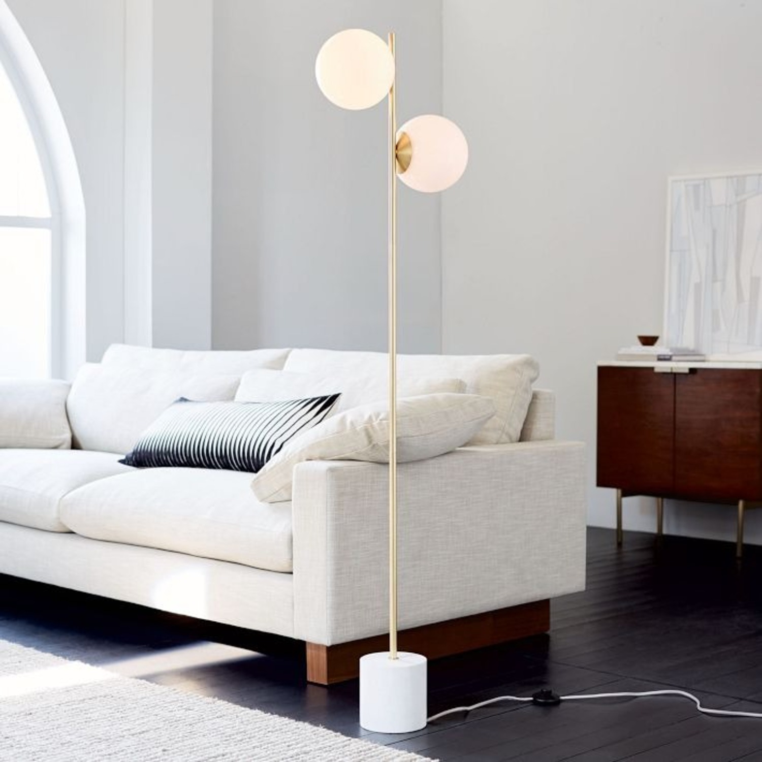 West Elm Sphere + Stem 2-Light Floor Lamp White & Brass - image-1