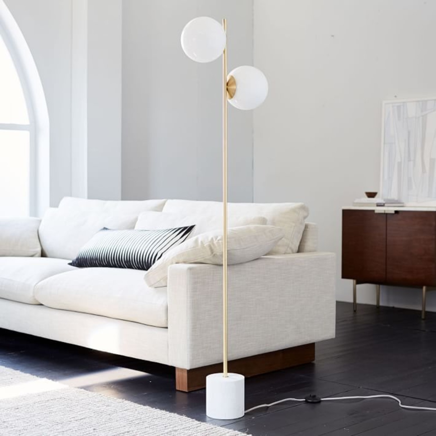 West Elm Sphere + Stem 2-Light Floor Lamp White & Brass - image-2