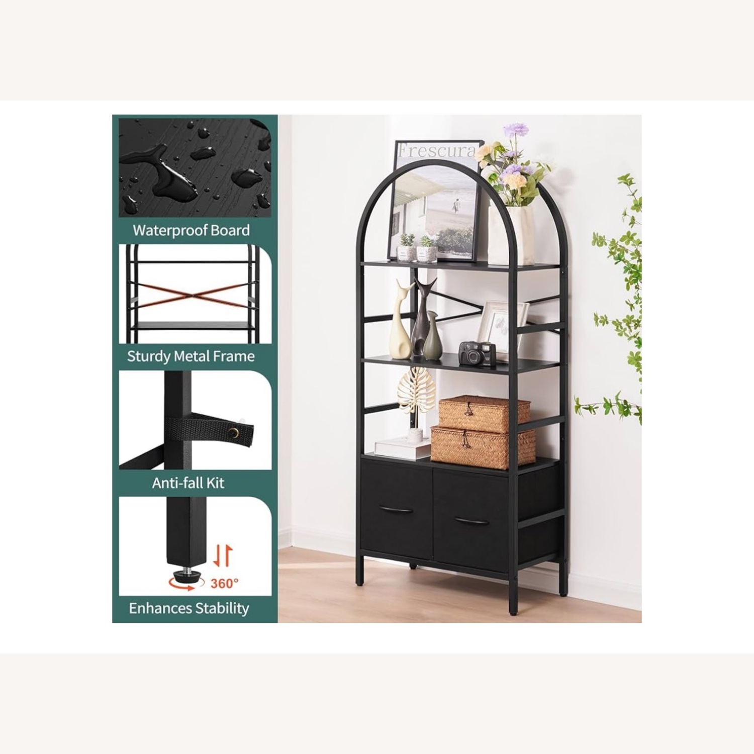 Amazon Arched Bookshelf with Drawers,4 Tiers - image-3