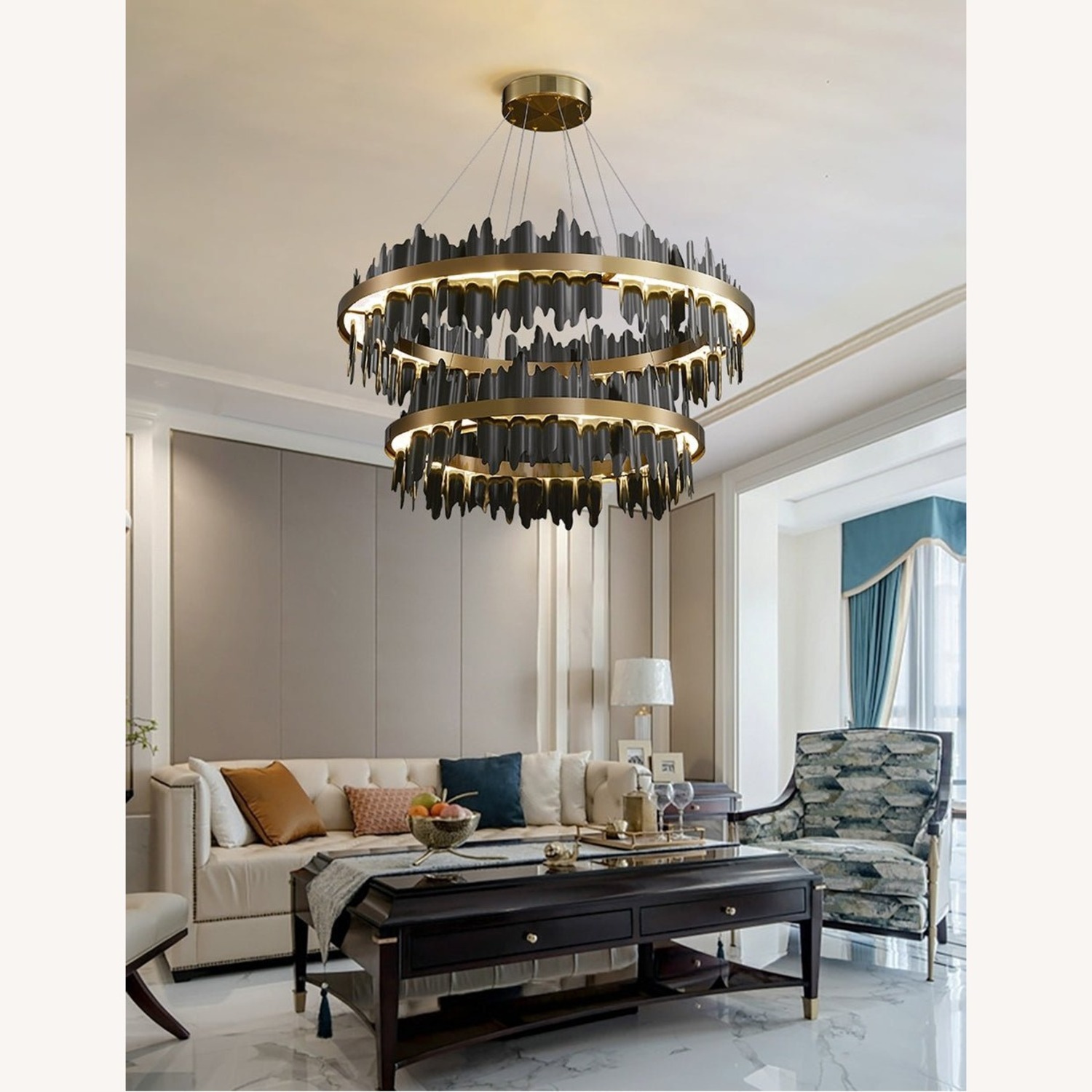 2 Rings Modern Black Gold Circular Chandelier - image-2