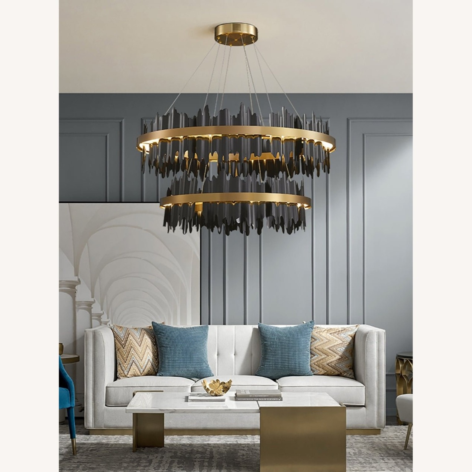 2 Rings Modern Black Gold Circular Chandelier - image-1