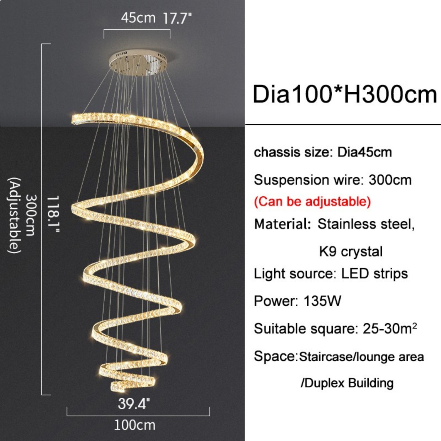 Long Spiral Hanging Crystal Chandelier Dia100 - image-3