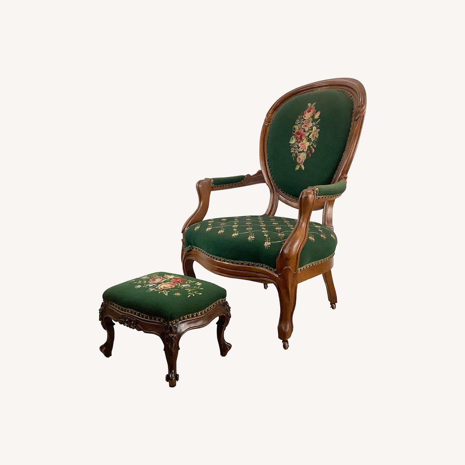 Vintage Needlepoint Armchair With Footstool - image-0