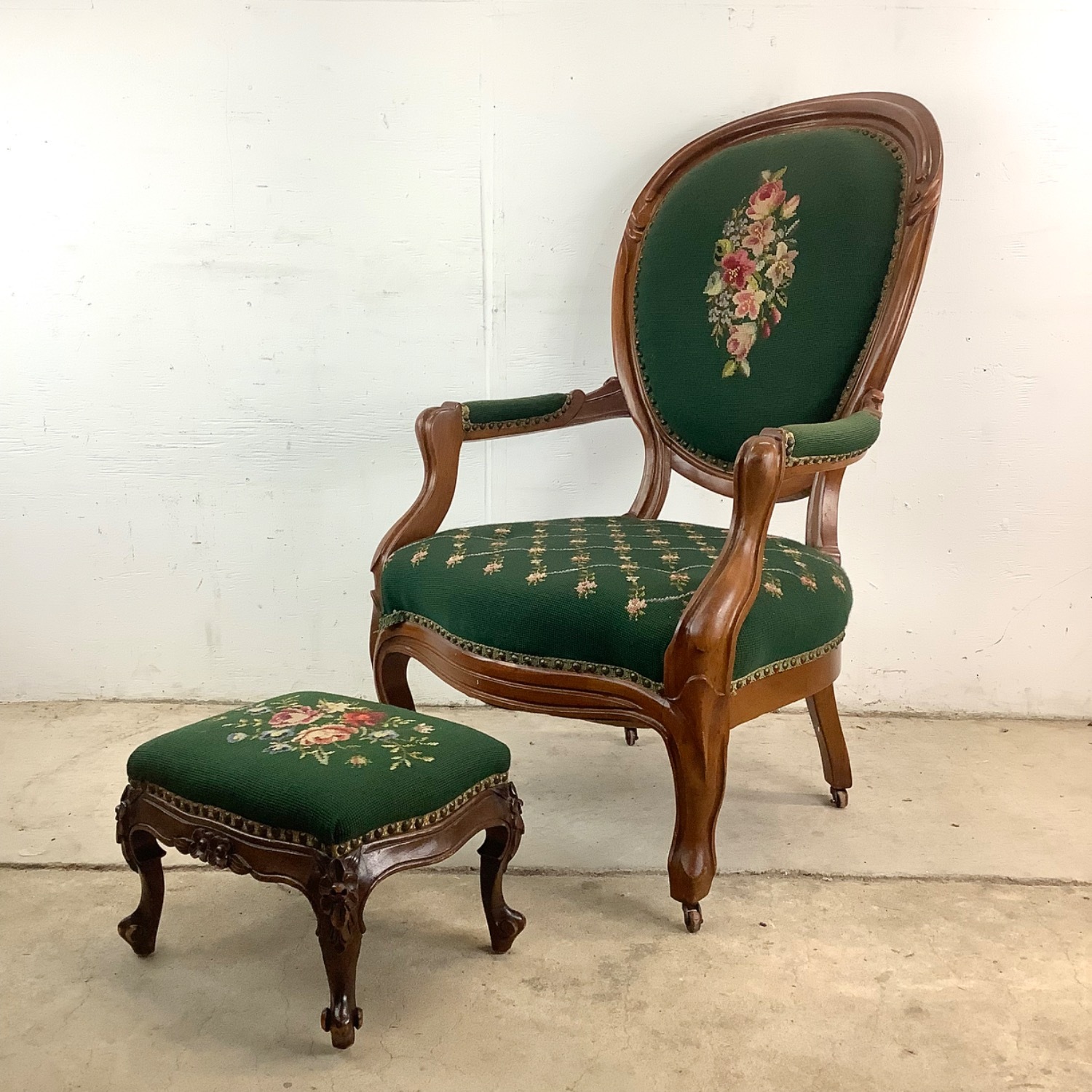 Vintage Needlepoint Armchair With Footstool - image-1