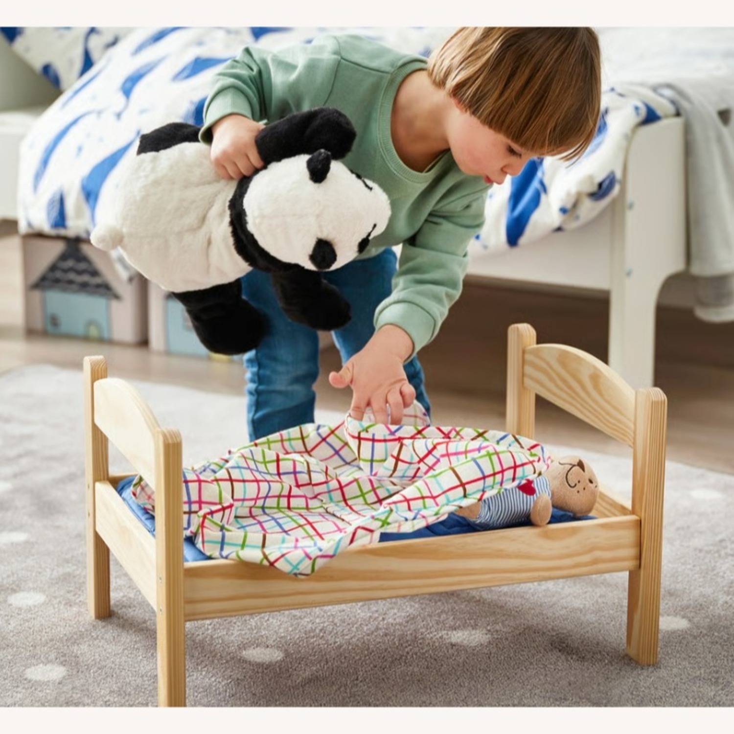 Doll Bed with Bedlinen Set, Pine/Multicolor - image-3