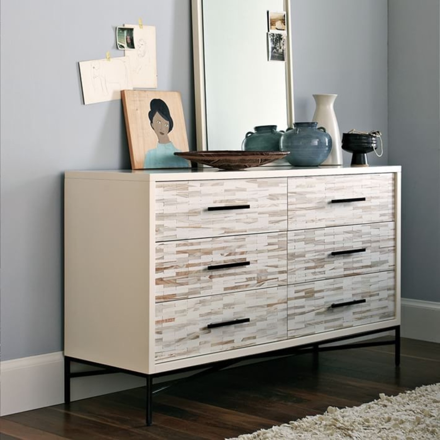 West Elm Wood Tiled 6-Drawer Dresser in Whitewash - image-5