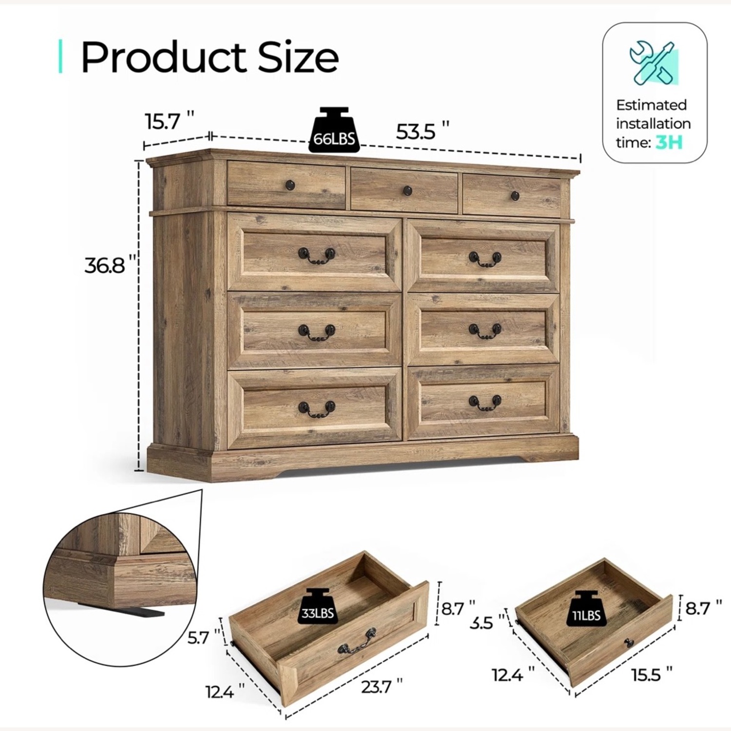 Bridgeport 9 Drawer 53.5” W Double Dresser - image-3