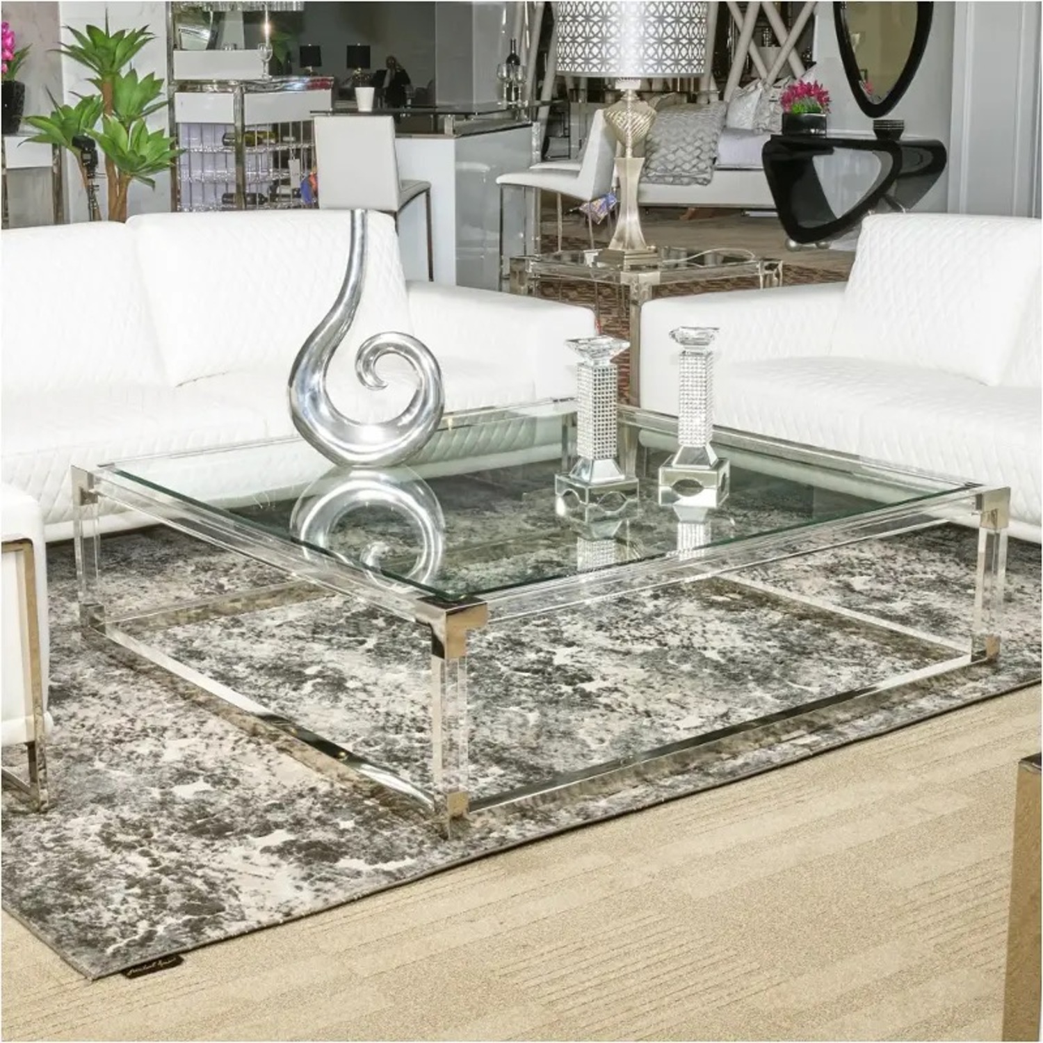 Michael Amini Glass and Gold Large Square Coffee Table  - image-6
