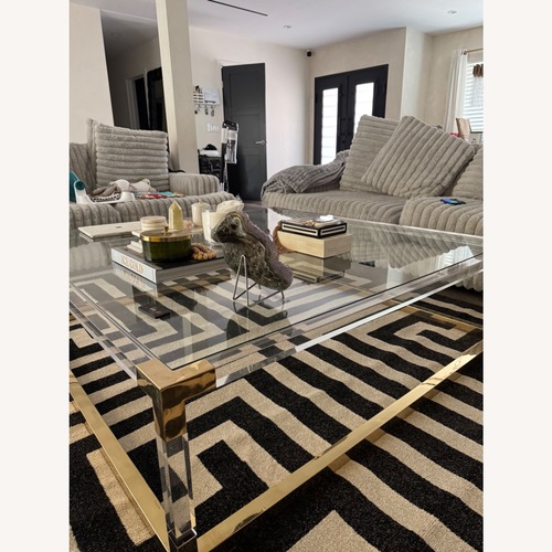 Used Michael Amini Glass and Gold Large Square Coffee Table  for sale on AptDeco
