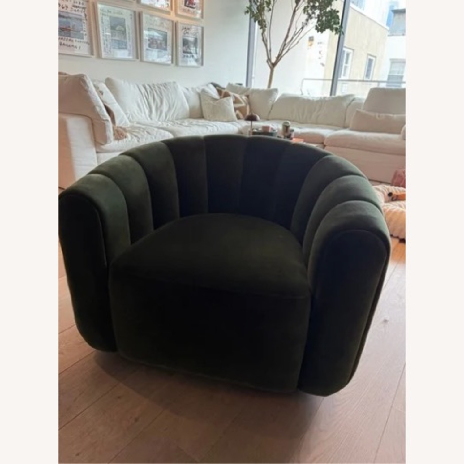 CB2 Fitz Channeled Green Velvet Swivel Chair - image-3