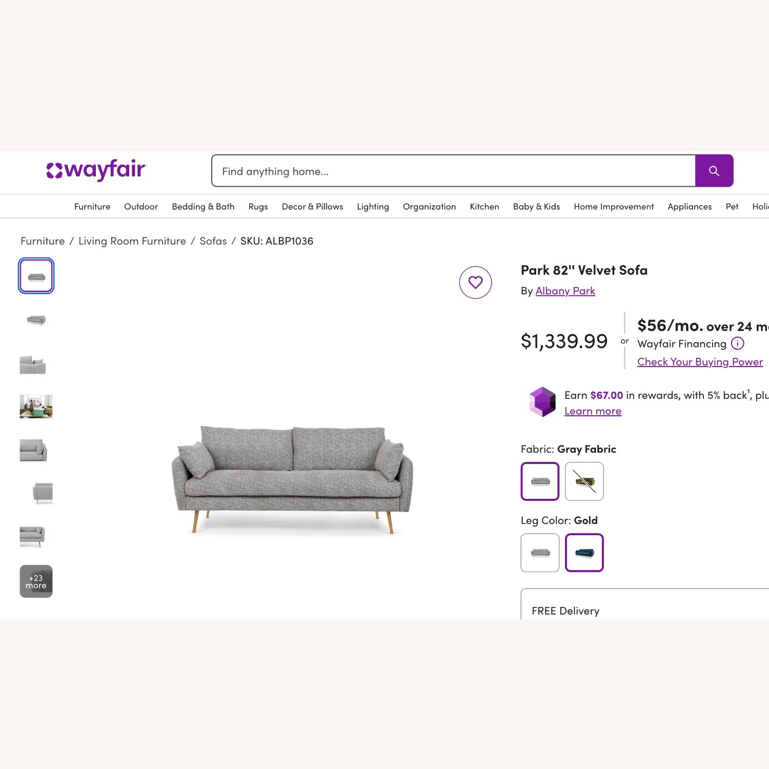 Albany Park Modern Fabric Sofa, Grey, Gold - image-6