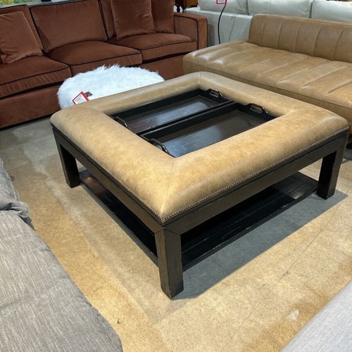 Used Oversized Leather & Wood Ottoman W Two Trays for sale on AptDeco