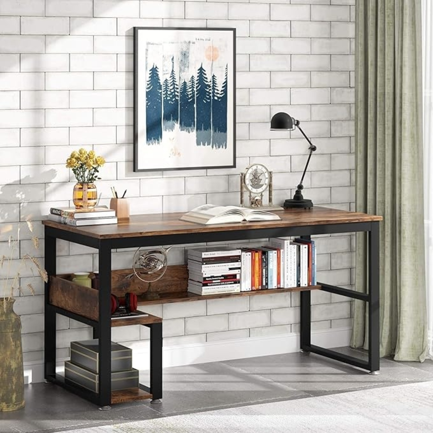 Wooden Computer Desk with Shelves - image-4