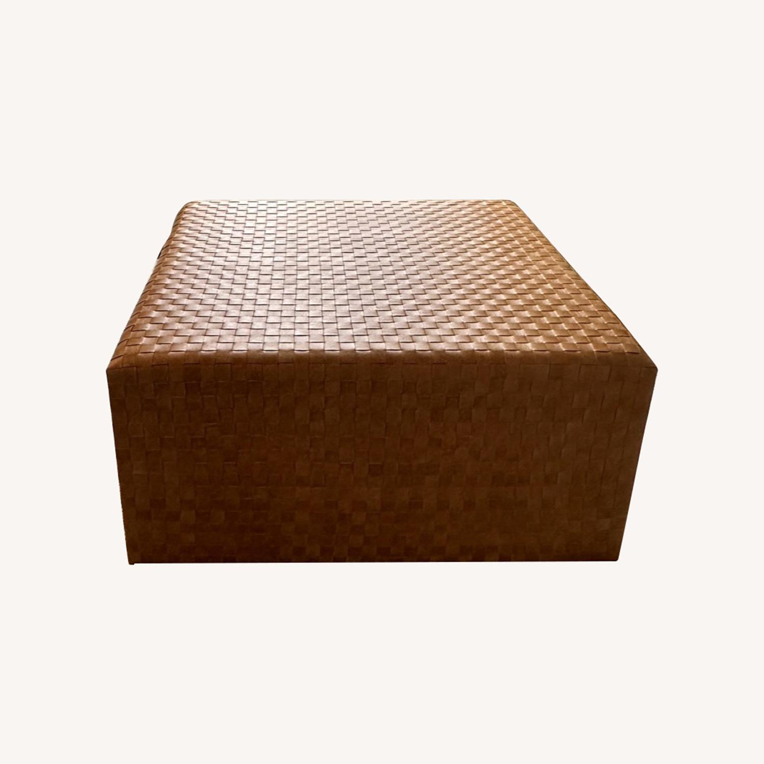 36" Square Camel Leather Woven Ottoman - image-0